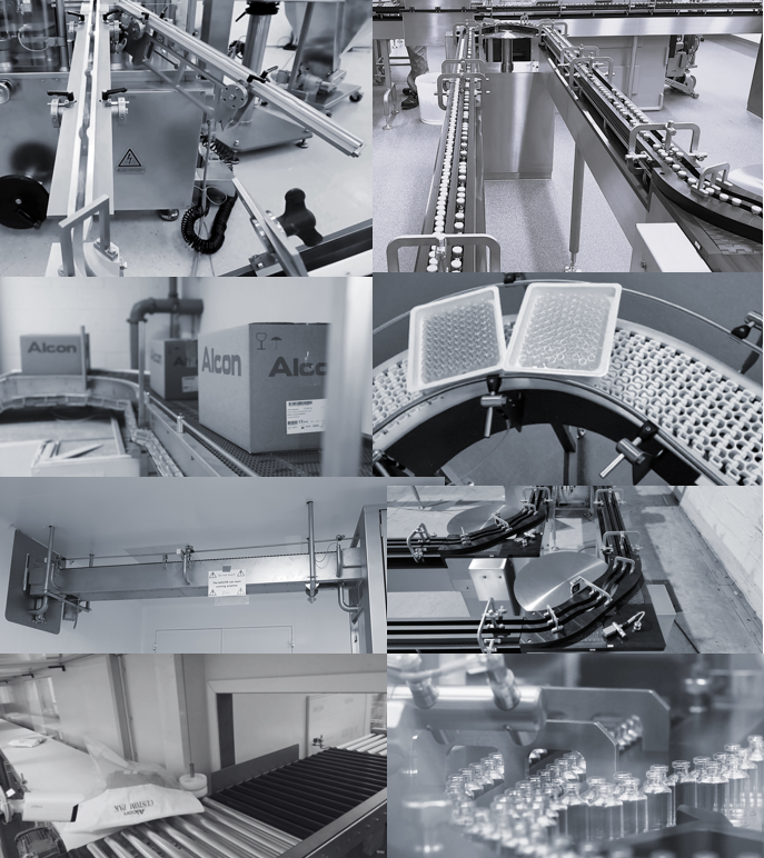 transport systems in pharmaceutical and clean room environments, GMP worthy. Conveyors include buffering and rapid transport of syringes, vials, bottles, tubs, boxes, bags, and more.