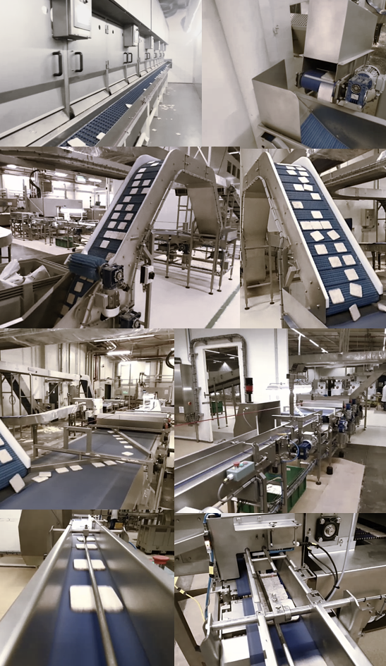 Supply line wafers/cakes including buffer transport system, rise and fall conveyor elevator system, singulation system, conveyor for separation, counting and dosing of wafers incl. sorting and positioning. Reject system with quality control of cookies.