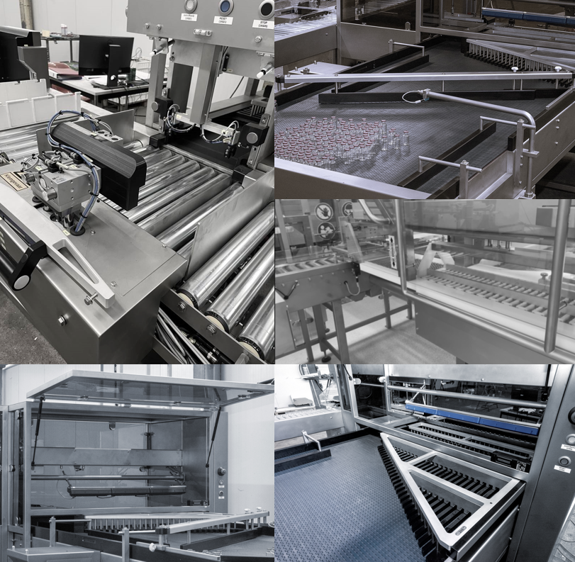 Vial and bottle trayer / collection table for pharmaceutical cleanroom and food environments. Vial are buffered, positioned and pushed into trays or boxes. The trays or boxes are automatically opened and closed by a mechatronic system.