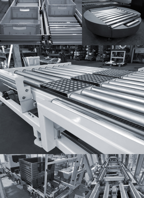 Roller conveyors, chain conveyors, turntables and lift tables. Mostly for pallets or pallet boxes. Possibility in stainless steel 304 stainless steel or steel galvanized.