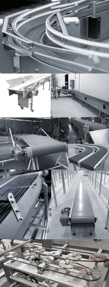 Modular belt, polycord conveyor belt, PU and PVC conveyor belts with scraping, trough belts with V-shape or groove. Chain conveyors and flat top chain conveyors.