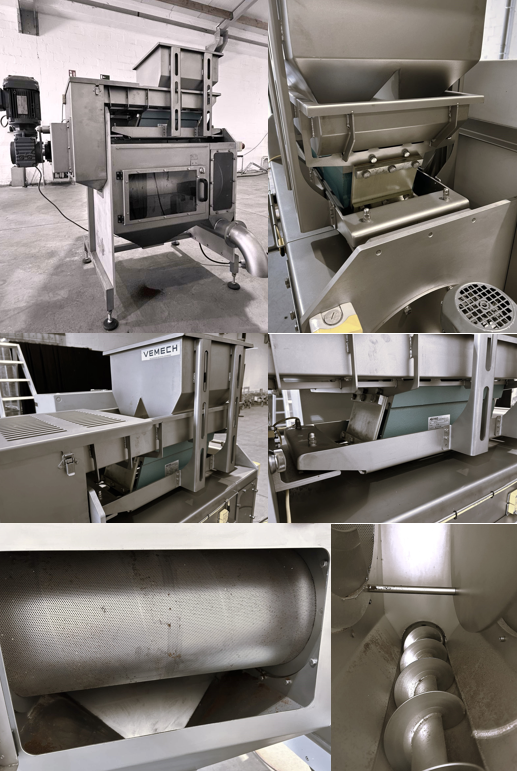 Coffee grit recycling recovery machine including drum screen, vibrating feeder, spiral screw conveyor and waste distribution. Constructed of INOX 304 stainless steel.