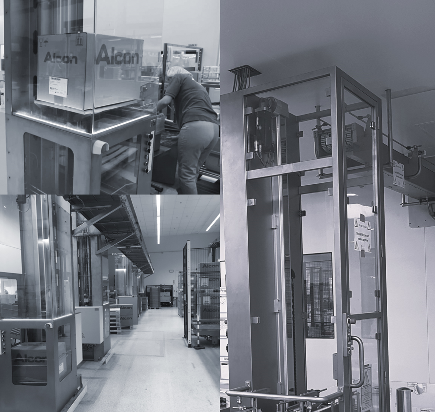 Vertical automatic elevator systems for boxes, bags, trays, tubs and other products.