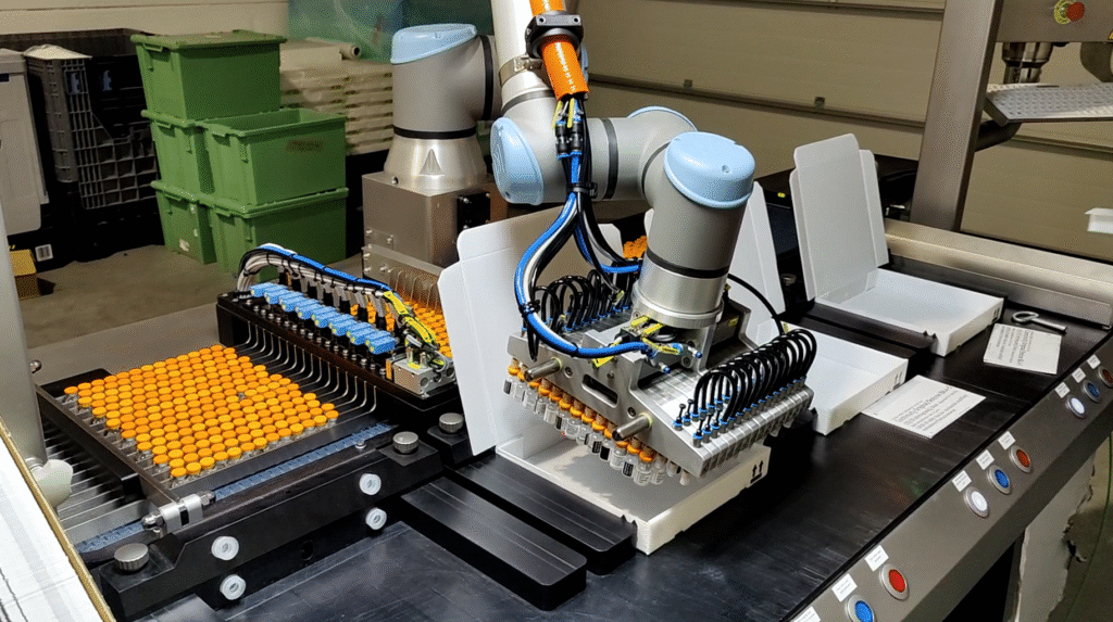Cobot vials verpakkingsmachine doos loading machinebouw